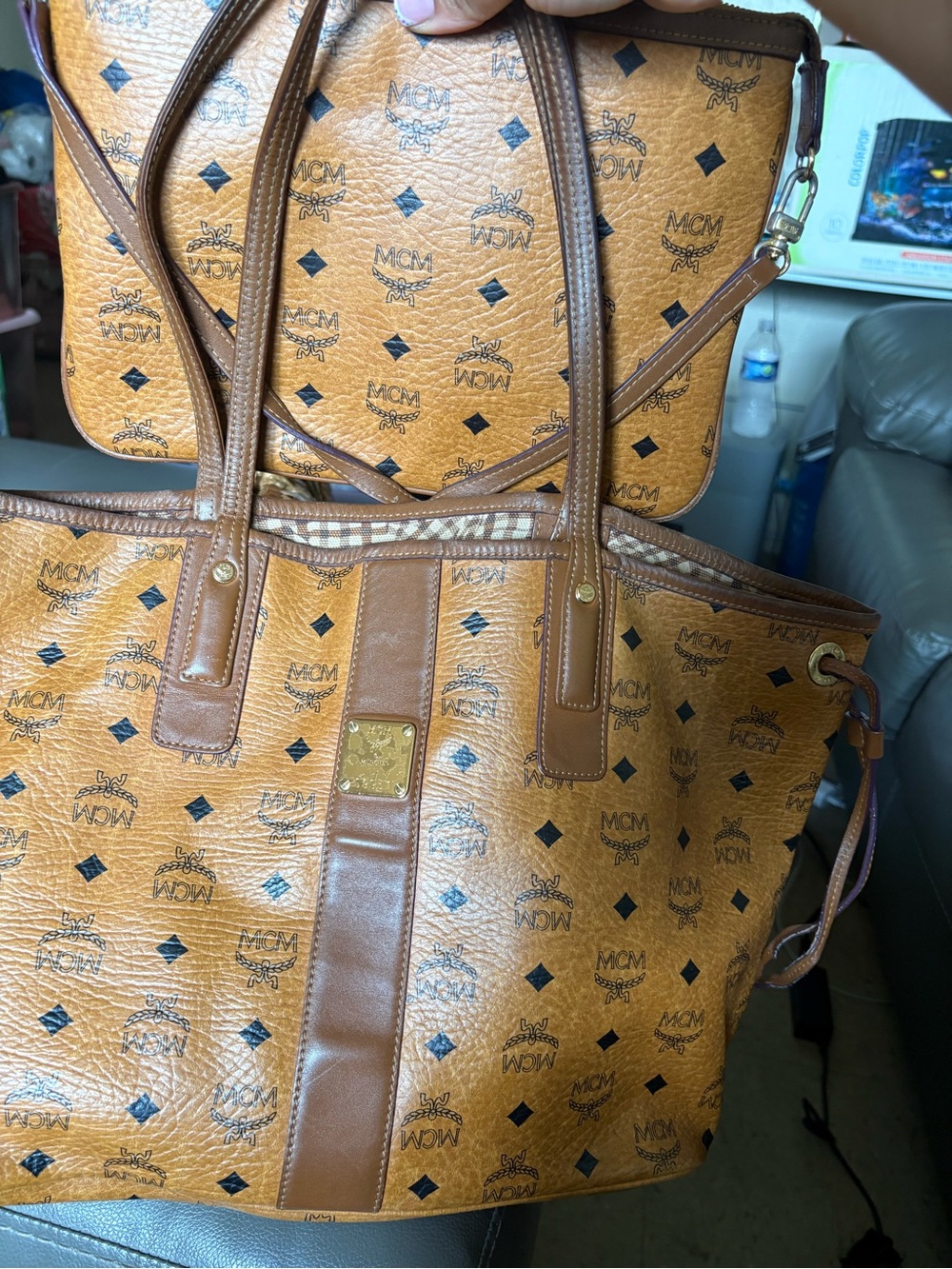 MCM Cognac Visetos Brown Logo Tote